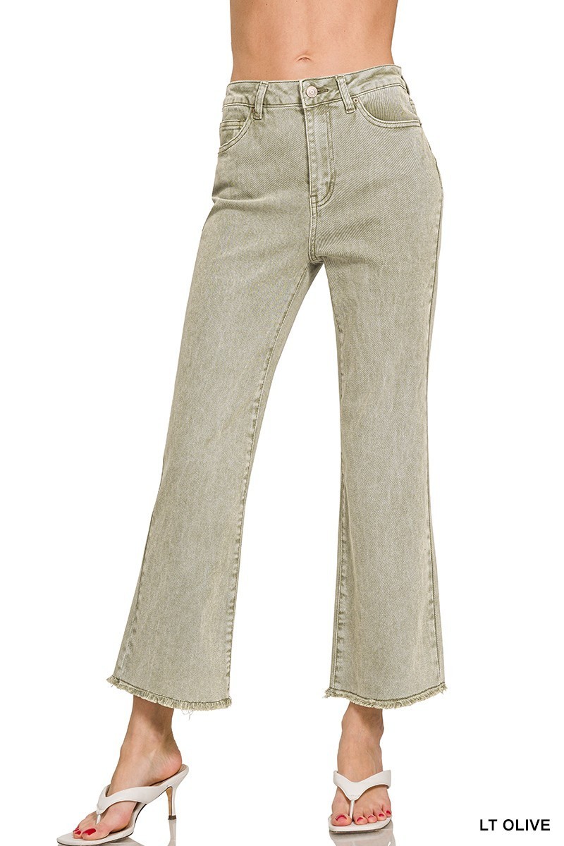 Zenana Lt Olive Acid Washed High Waist Frayed Hem  Crop Bootcut Jeans