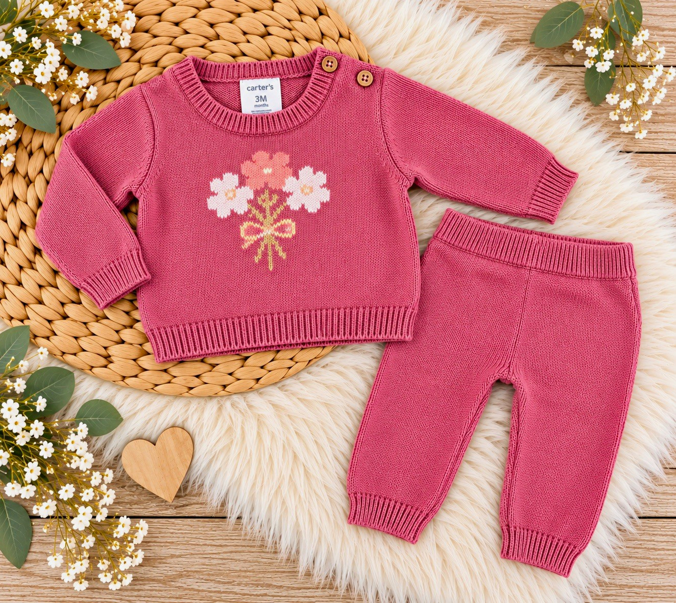 NWT Carter\'s Girl’s 2-Piece Knit Sweater & Pants Set Pink Floral 3 Months