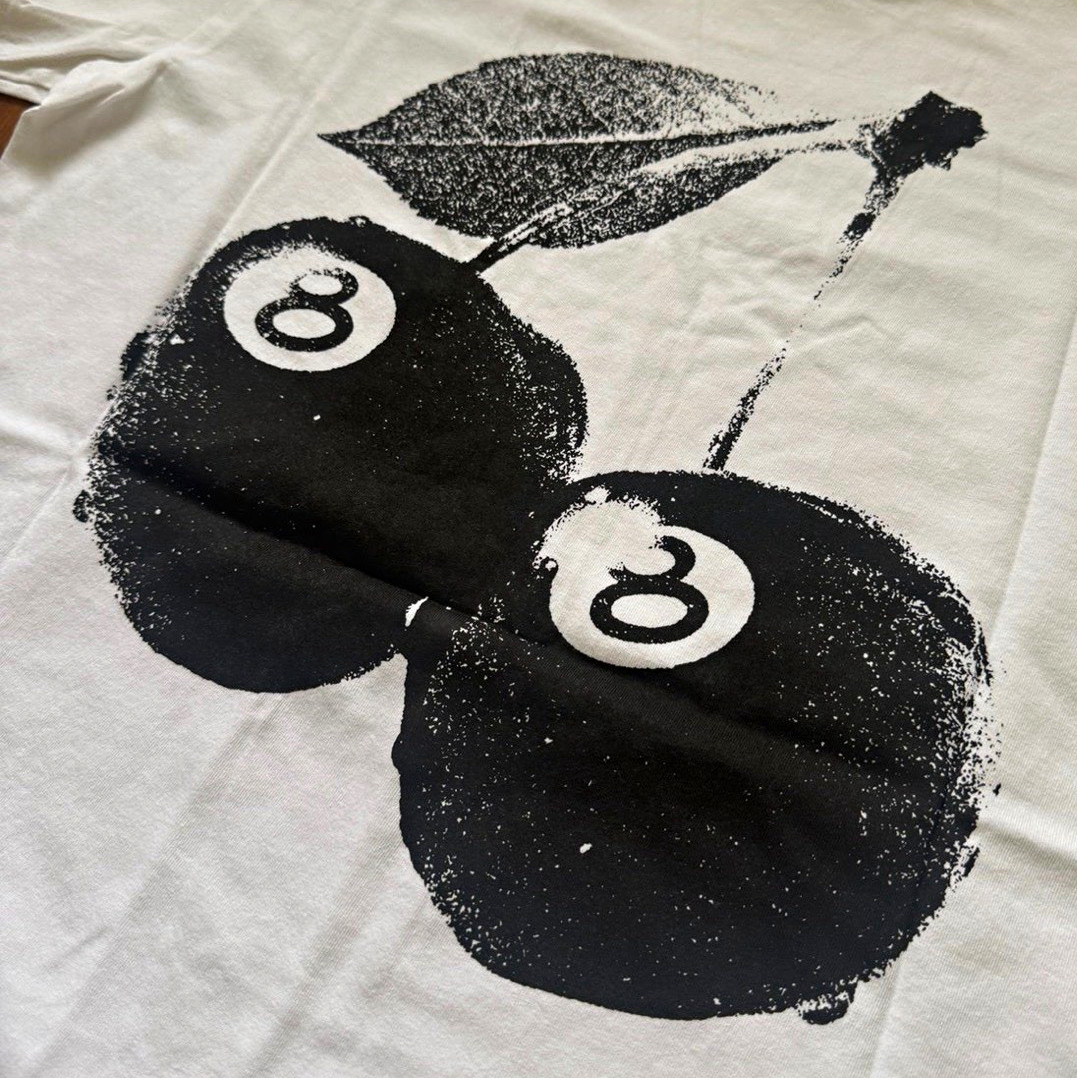 Stussy 8 Ball Cherry Graphic T-Shirt White Crewneck Short Sleeve L NWT
