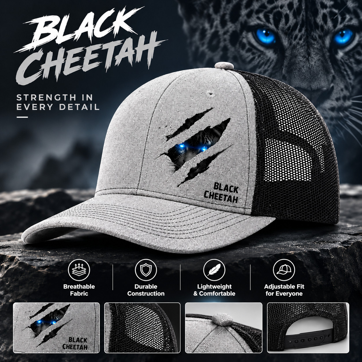 Black Cheetah Men\'s Hat – Adjustable Mesh Hat for Daily Use