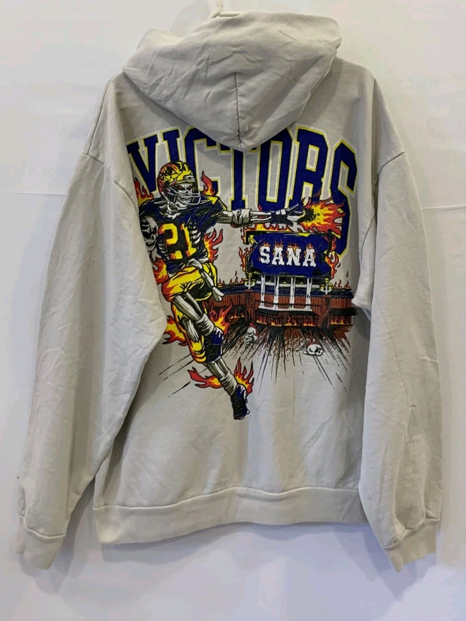 SANA Detroit Victors Michigan Football Skeleton Graphic Hoodie Cream Mens XL#255