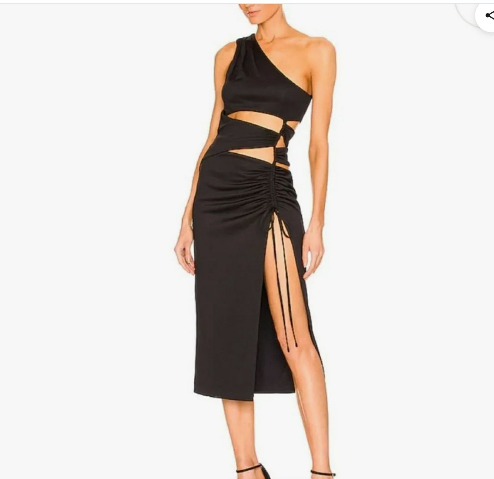 NBD Revolve Black One Shoulder Cutout Ruched Midi Dress High Slit Size Large