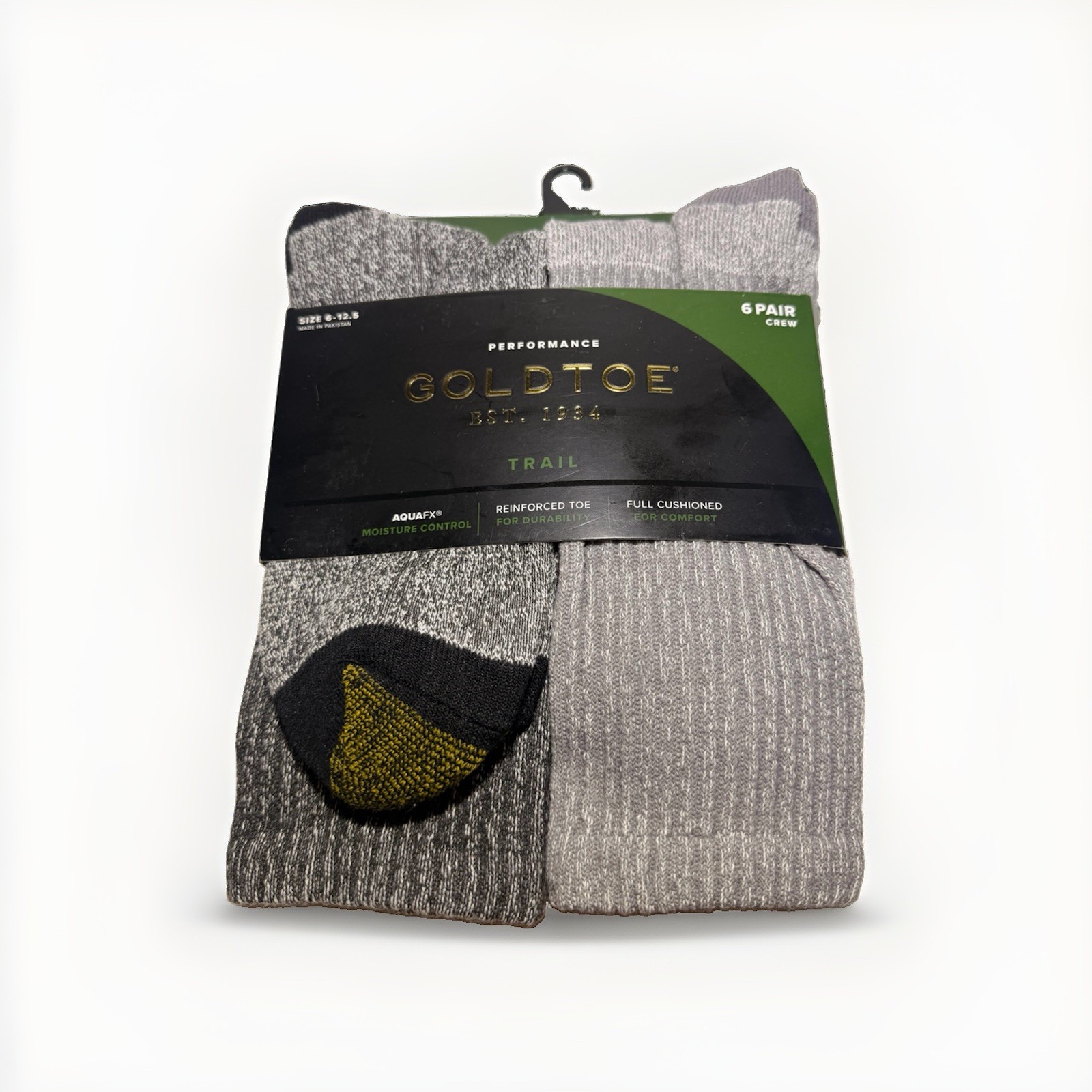New Goldtoe Men 6 Pack Performance Trail Cushion Crew Gray Socks Size 6-12.5