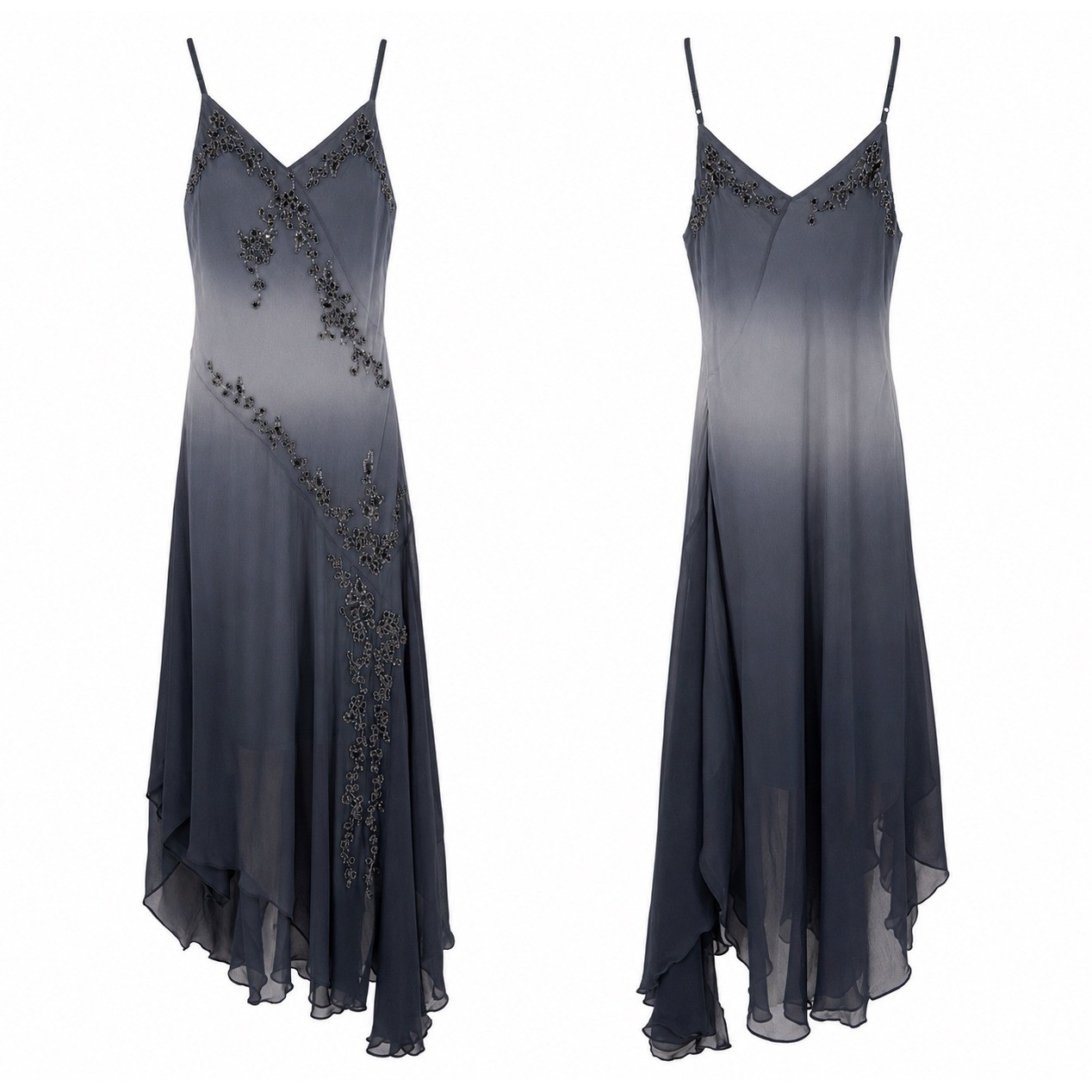 Vintage Scala 100% Silk Beaded Ombre Fairy Whimsigoth Handkerchief Hem Dress L