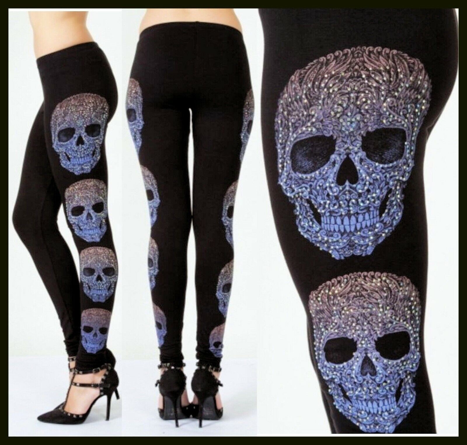 VOCAL EMBELLISHED LEGGINGS slimming BLACK SM-4X pants rhinestones SKULL GOTHIC