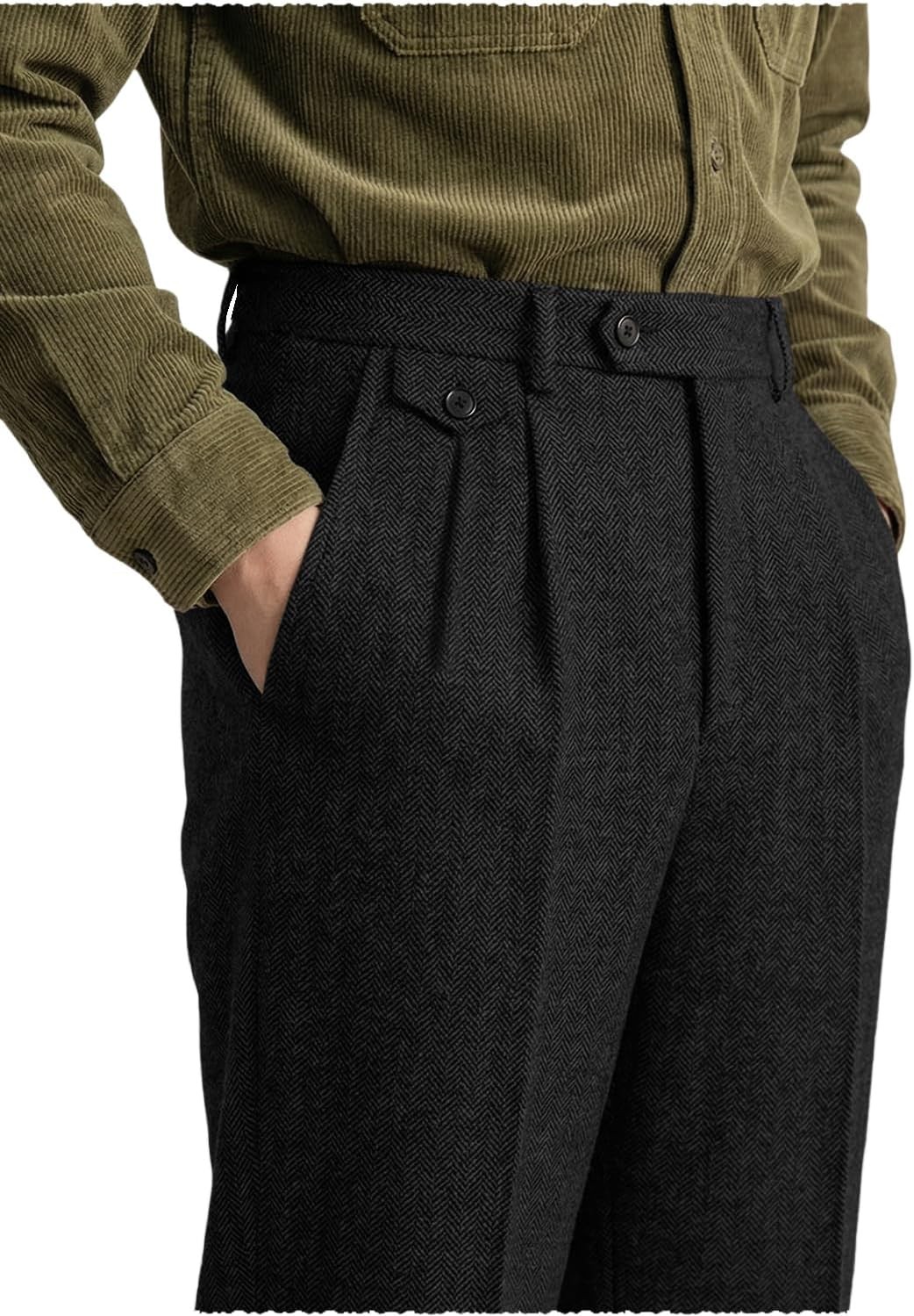 Mens Tweed Suit Pants Slacks Vintage Retro Adjustable Herringbone Waist Trousers