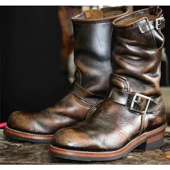 Luxury Men\'s Antique Brown Leather Combat Boots, Motorcycle Biker Vintage Boot