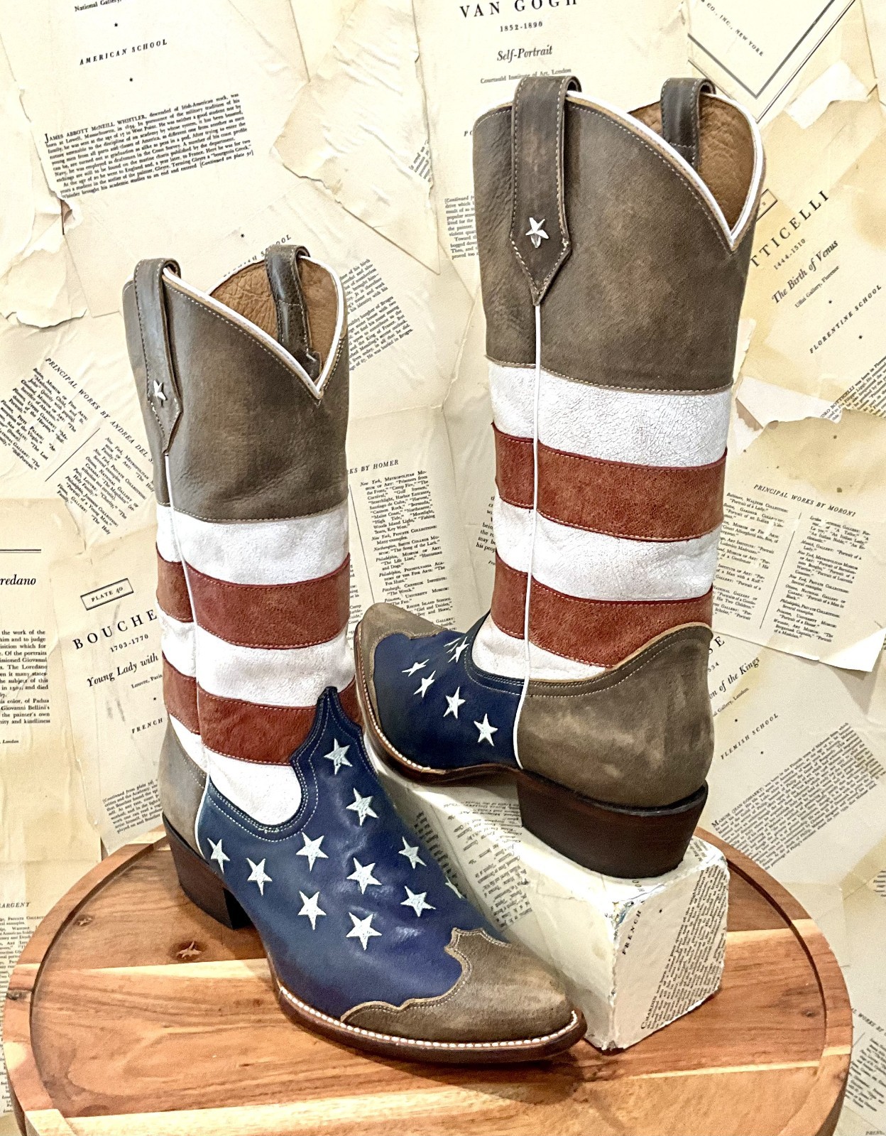 Roper Men\'s Leather Cowboy Boot American Flag Distress Brown Red Blue 10.5 D EUC