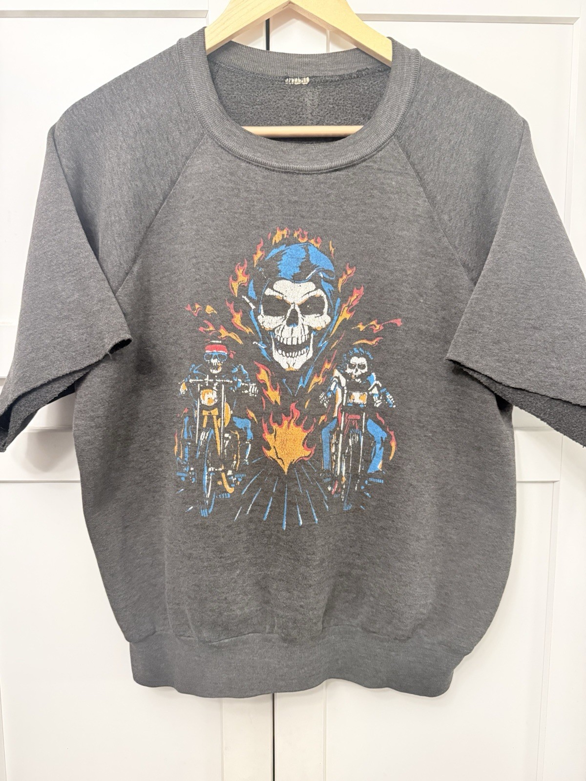 RARE 60s 70s True Vintage Skeleton Biker Motorcycle Sweatshirt Skull Faded Black