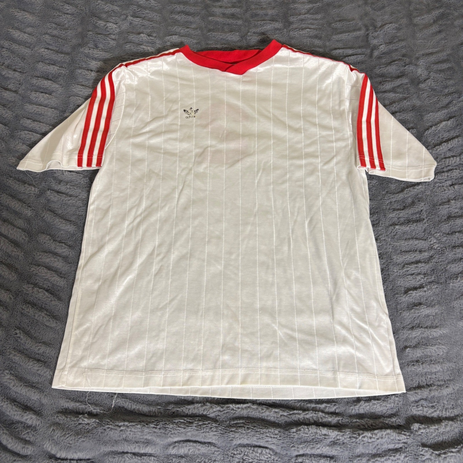Vintage Adidas Soccer Jersey White Red Shadow Stripe Trefoil Made in USA Large