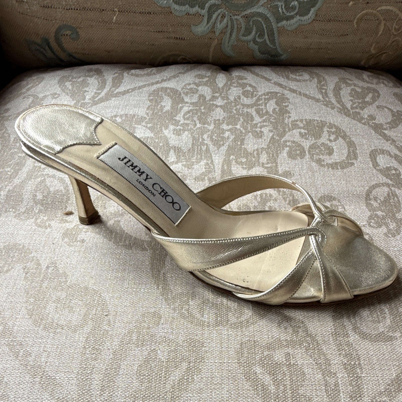 Jimmy Choo Gold Leather Strappy Open Toe Kitten Heel Mules EU 37 US 7 073LEAVE