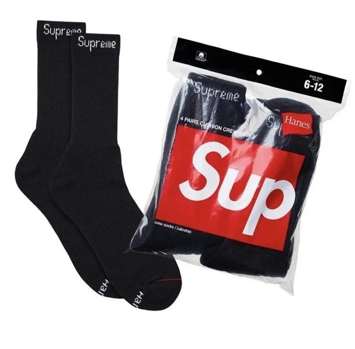 Supreme Hanes Crew Socks 4 Pack | Black | Size 6-12