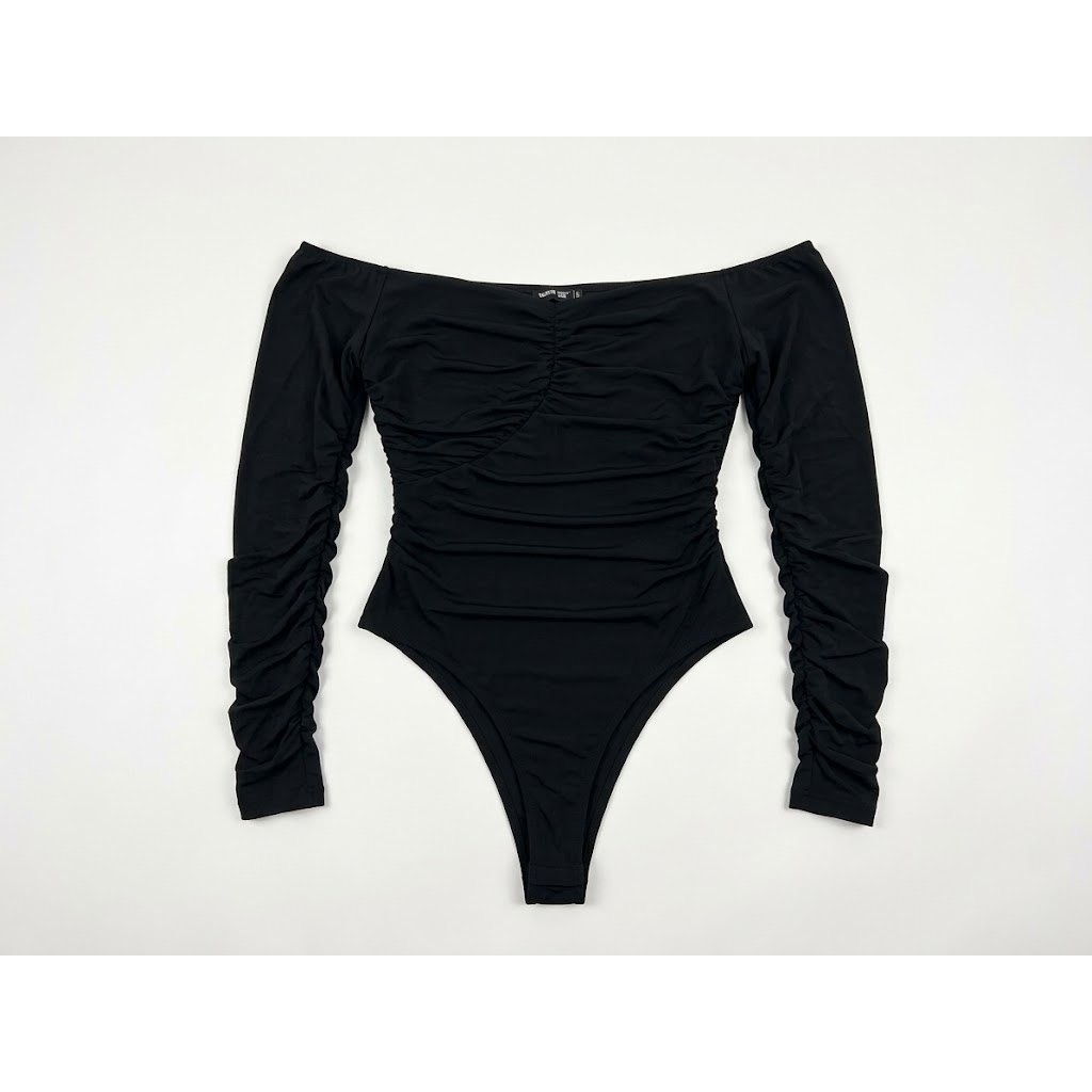 Fashion Nova Bodysuit Womens XL Black Excellent Ruched Off Shoulder Long Sleeve