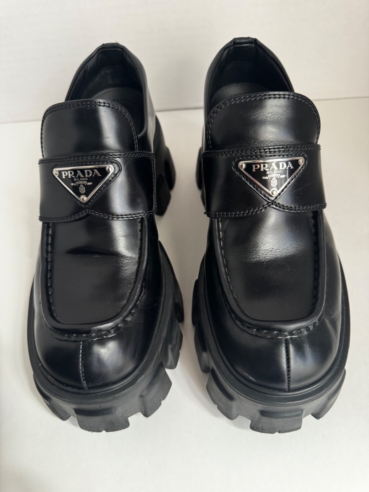 Prada Monolith Black Brushed Leather Platform Loafers Women’s Size 36.5