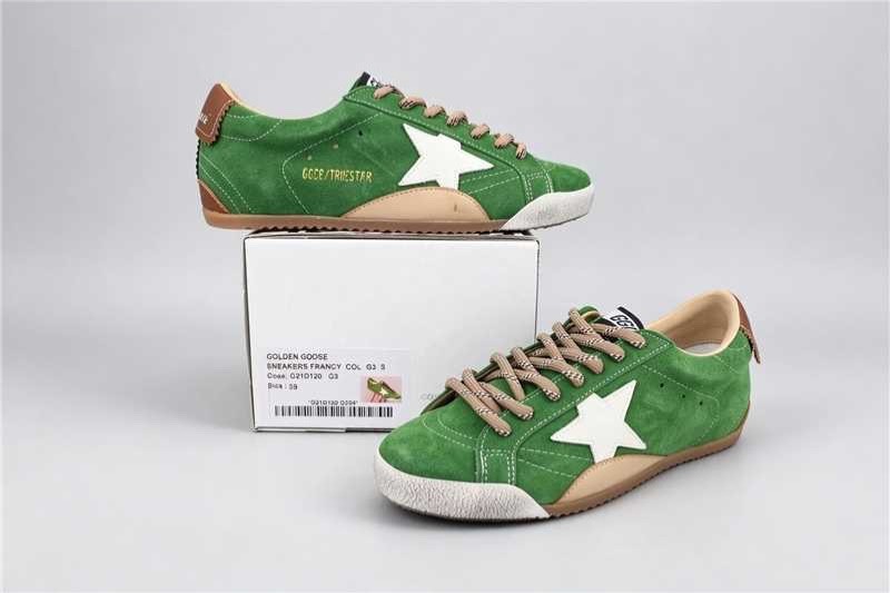 Men Golden Goose Green Suede Low Top Sneakers White Star