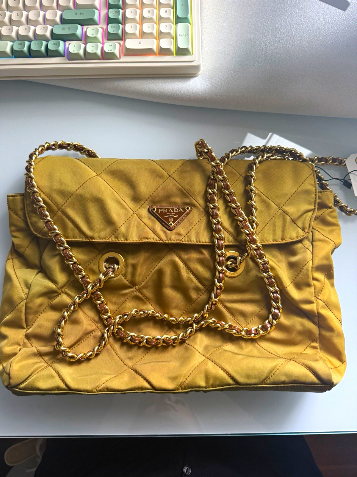 Authentic Vintage Prada Tessuto Impuntu Quilted Nylon Chain Shoulder Bag Yellow