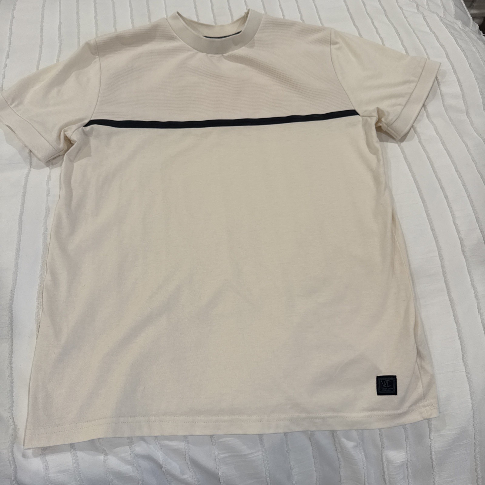Modern Culture Mens Shirt Size M, Cream And Black Minimalist Single Stripe