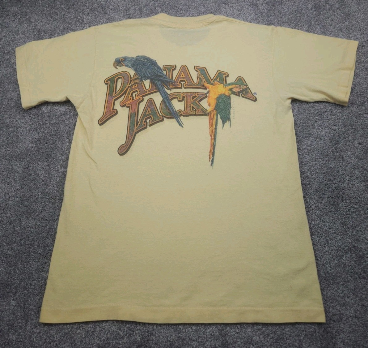Vintage Panama Jack T Shirt Mens Medium Yellow Made In USA Parrots Beach