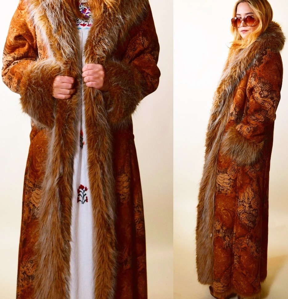 Vintage 90s Penny Lane Hippie Faux Fur Jacket Shaggy Afghan Tapestry Coat 