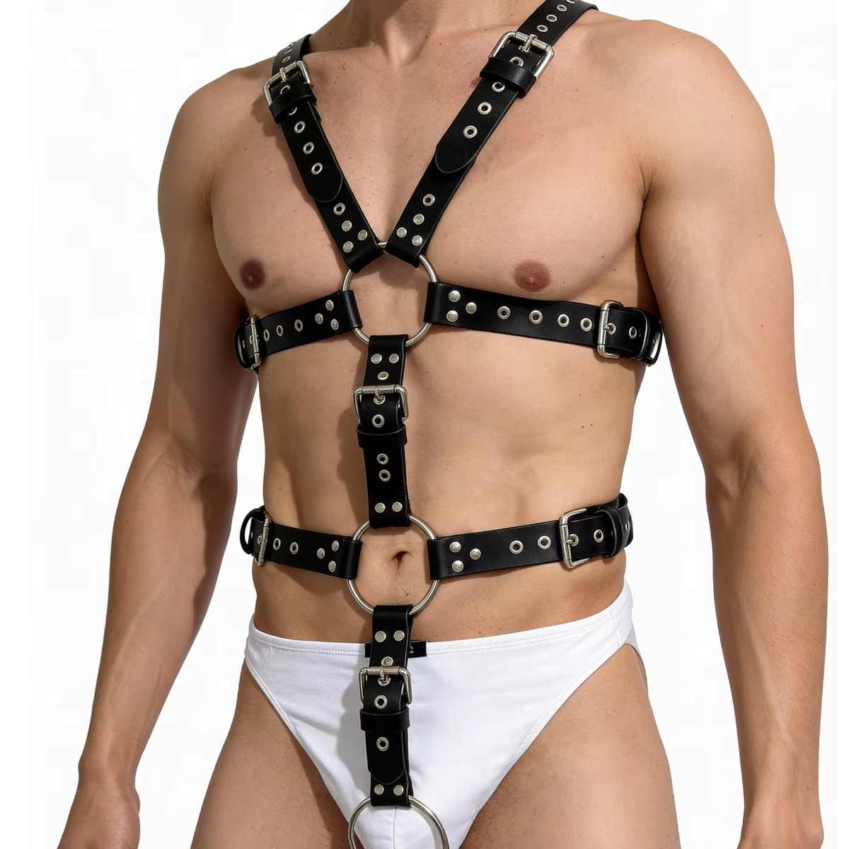 Men Punk Gothic PU Leather Body Harness with O‑Ring Decor Suspender Set