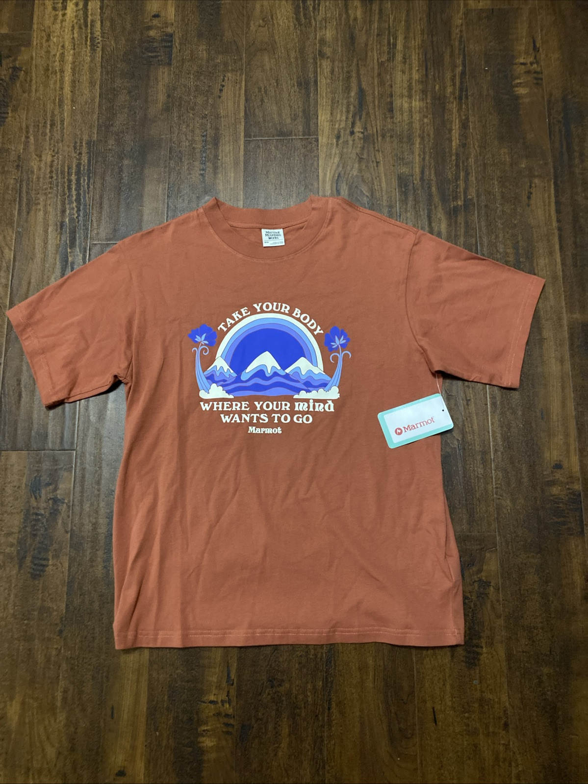 NWT Marmot Mountain Works Tee Shirt Graphic Print Auburn Brown Size Medium. B3