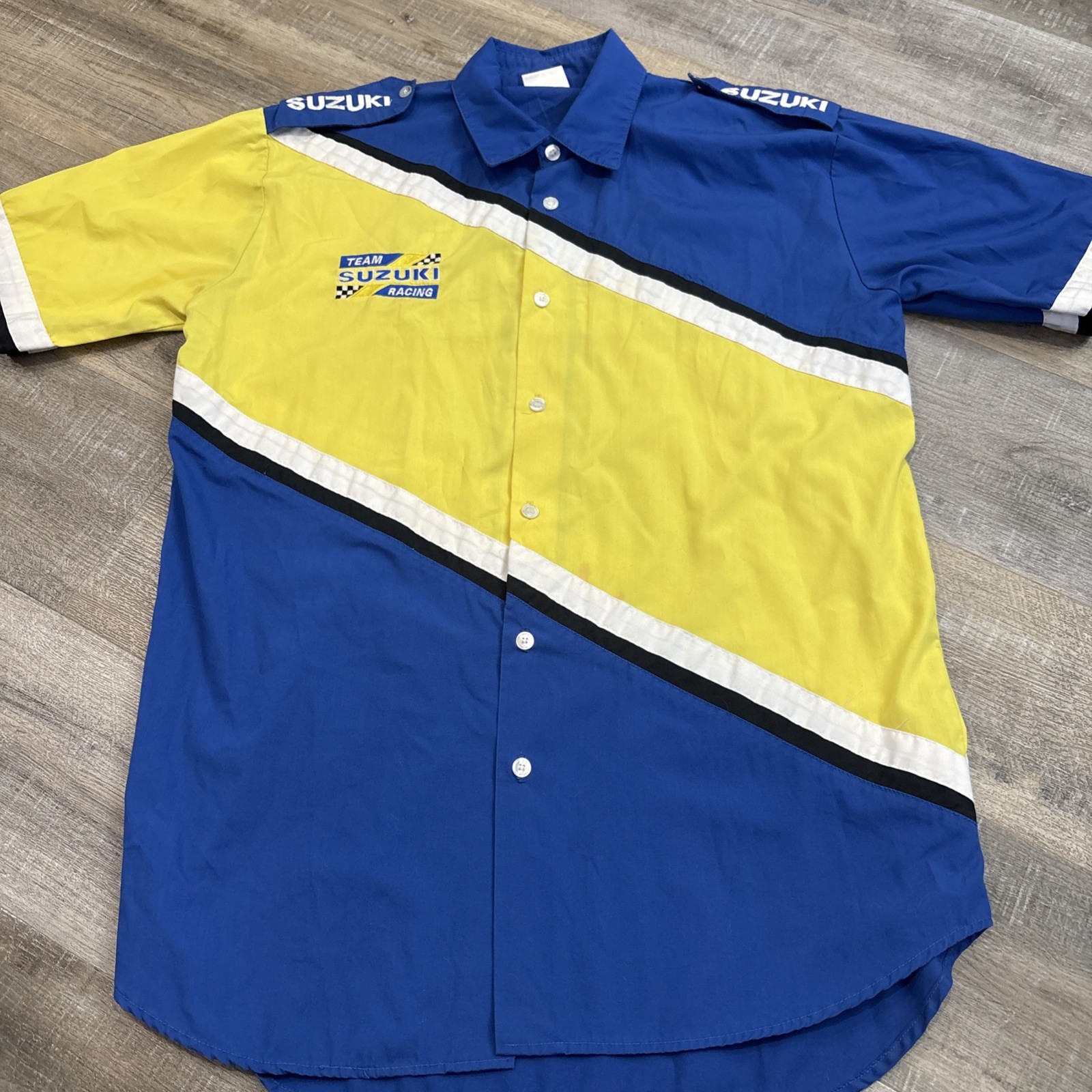 Vtg Suzuki Shirt Mens L Team Racing 90s Blue Yellow Pit Crew Button Up Mechanic