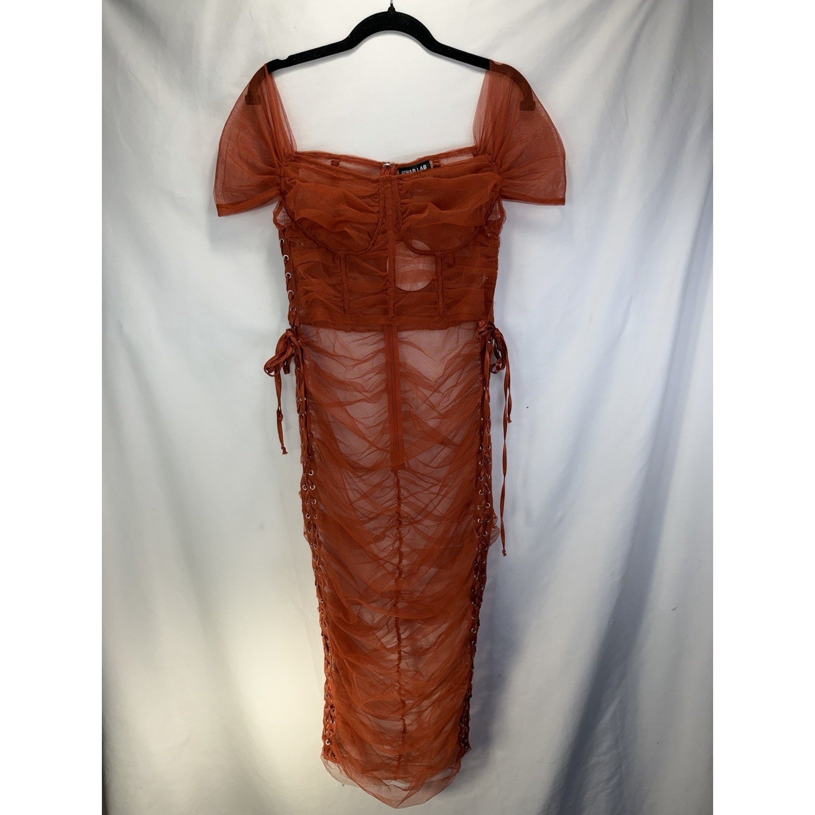 Rehab Lab Sheer Ruched Rust Midi Dress Sz L Tie Up Sides Stretchy Festival Party