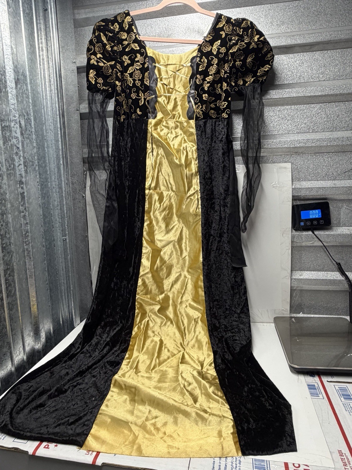 Vintage Black Gold Velvet Renaissance Gothic Costume Maxi Dress Long Sleeves 