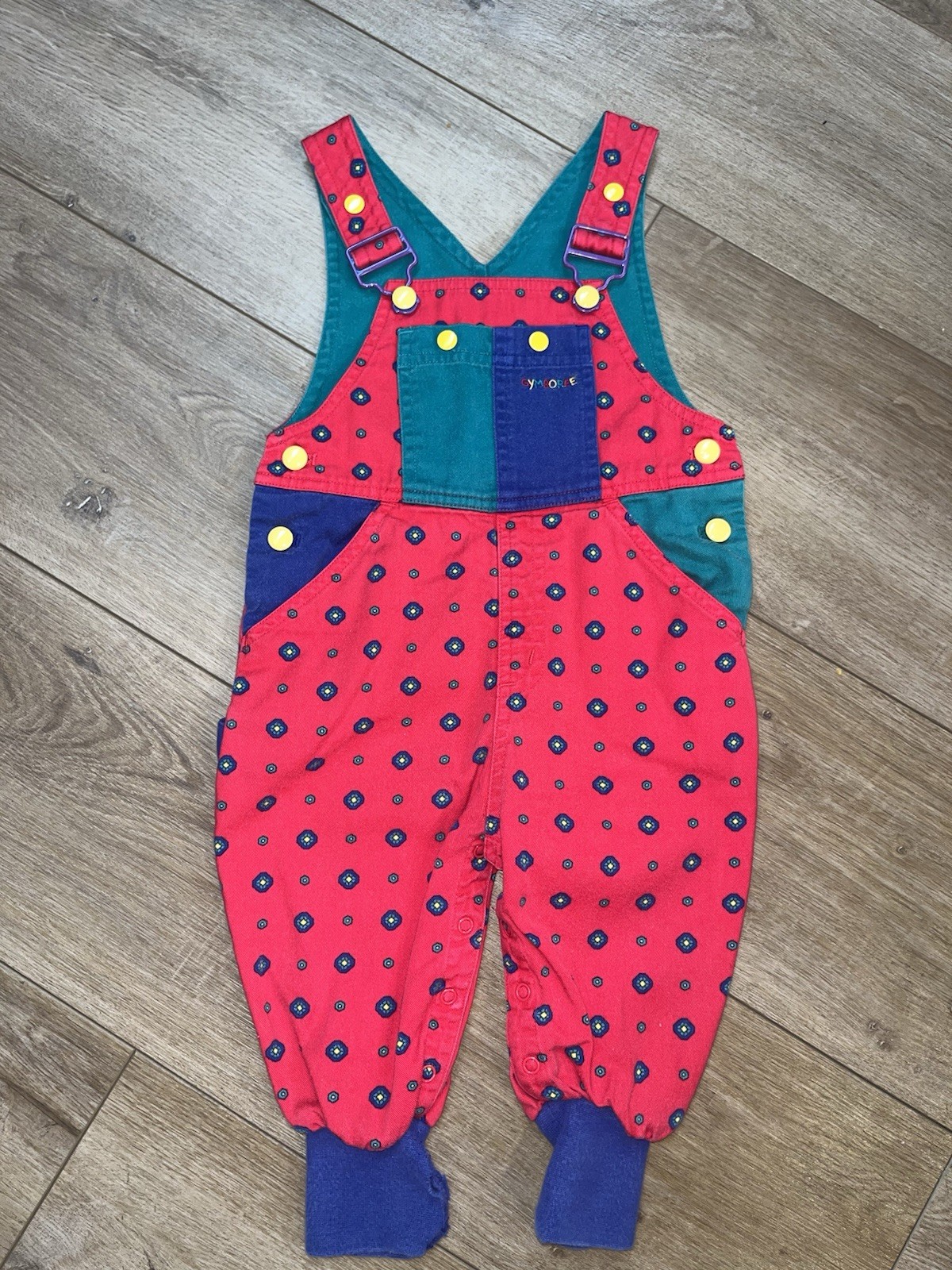 VTG Gymboree Red Print Denim Overalls Ex Small 12/18 M Rainbow Tag (#0006)