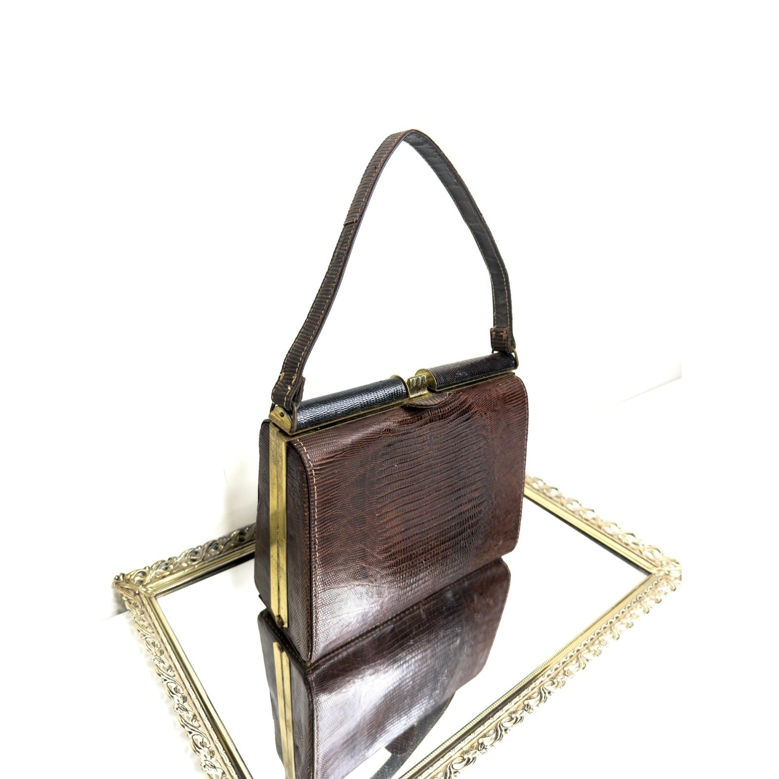 Rare Vintage 1940s Top Handle Escort Brown Leather Handbag Reptile Embossed