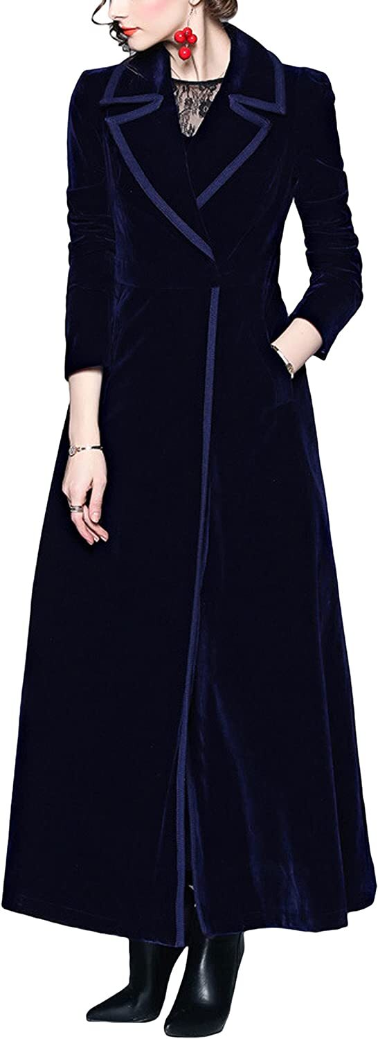 Women's Elegant Velvet One Button Maxi Trench Coat Pocket Party Overcoat