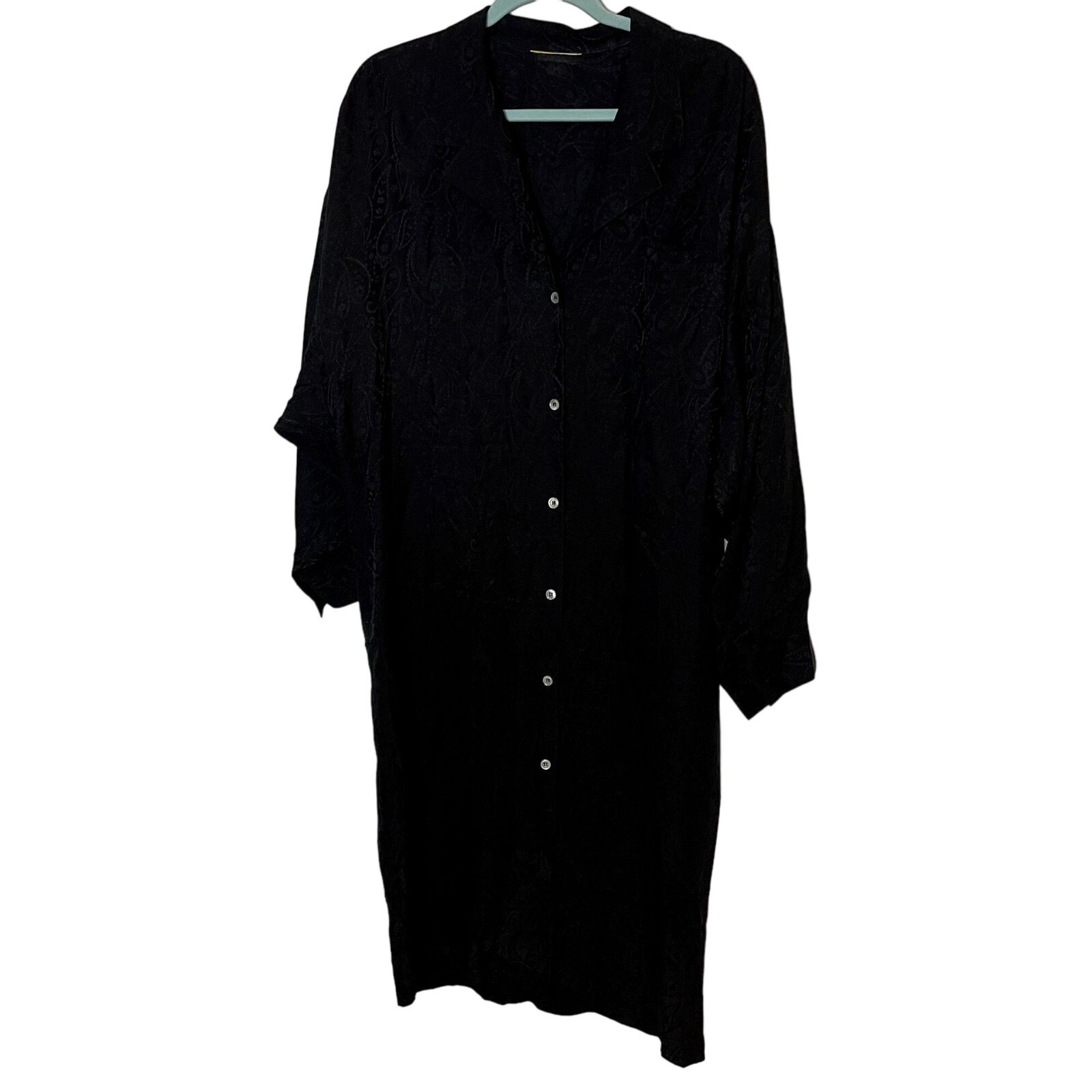 Vintage Night Shirt Womens Size Large Black Paisley Satin Sleepwear Embossed