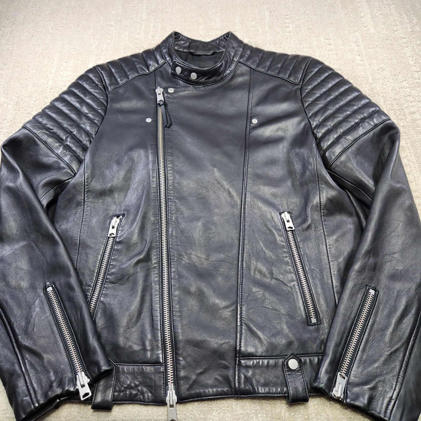 AllSaints Sheep Leather Jacket Men Large Jasper Biker Soft Quilted Black Moto