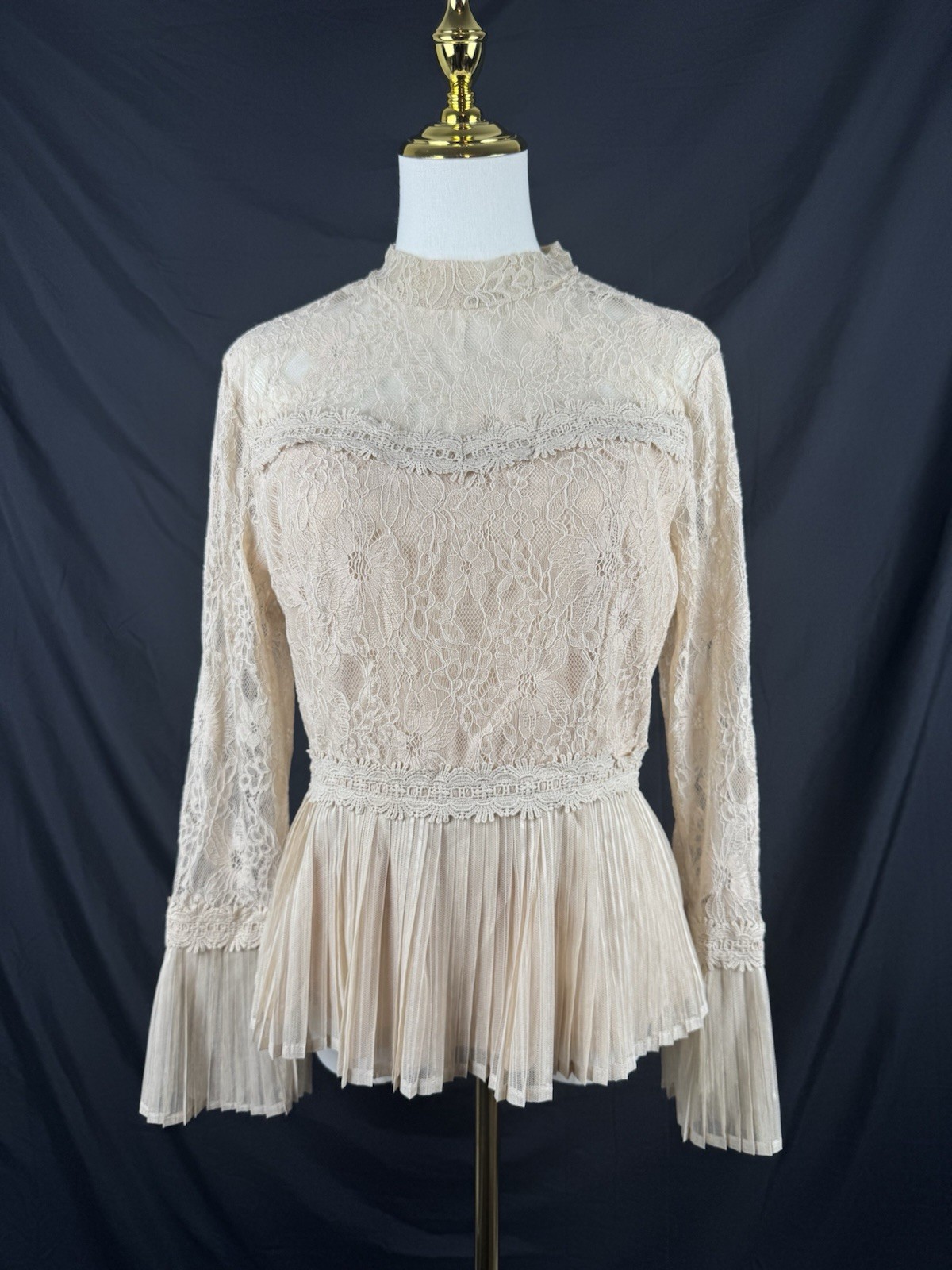 A.Calin by Flying Tomato Beige Blouse Sz S Victorian Edwardian Romantic BOHO NEW