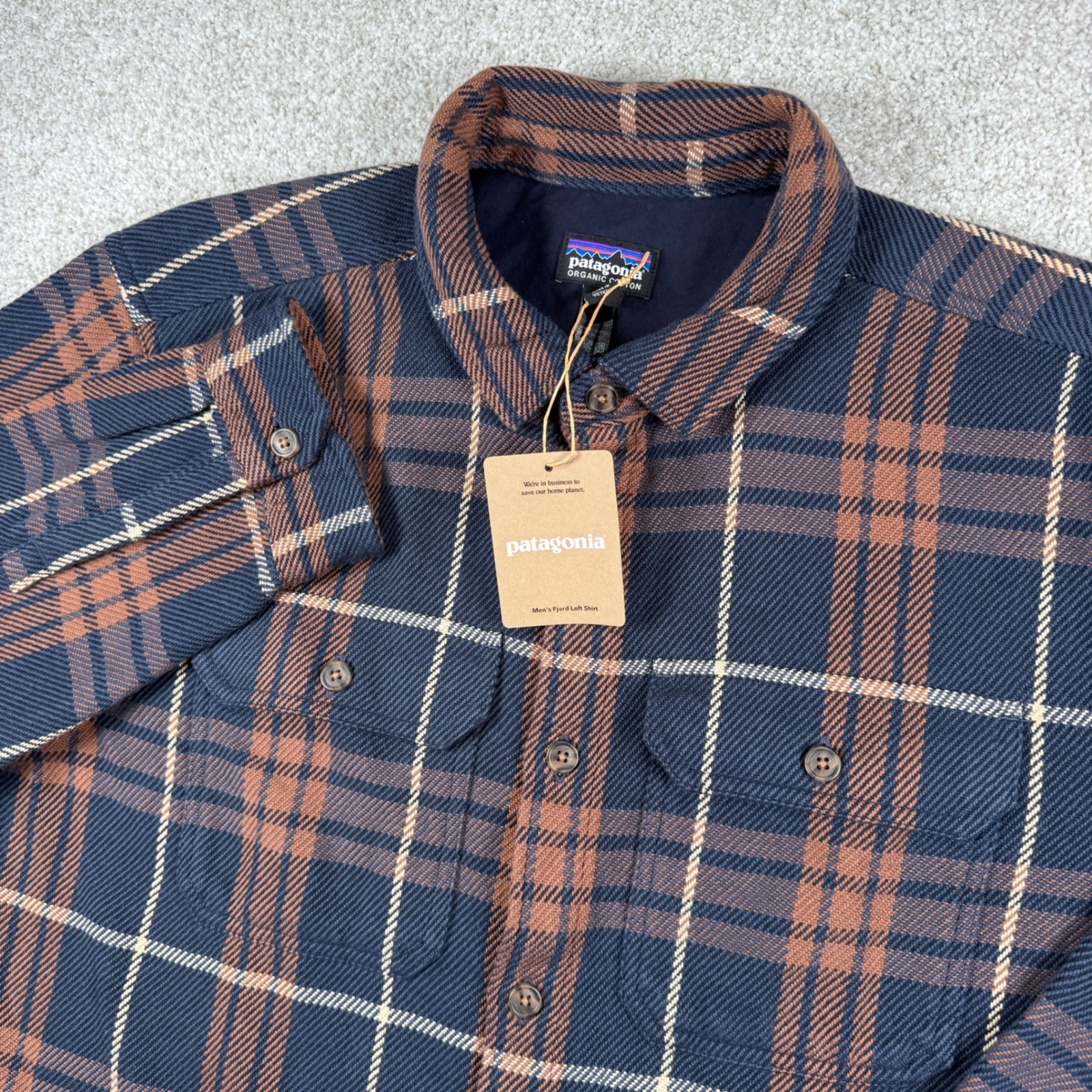 NEW Patagonia Fjord Loft Shirt Men L Sunken Blue Plaid Organic Cotton