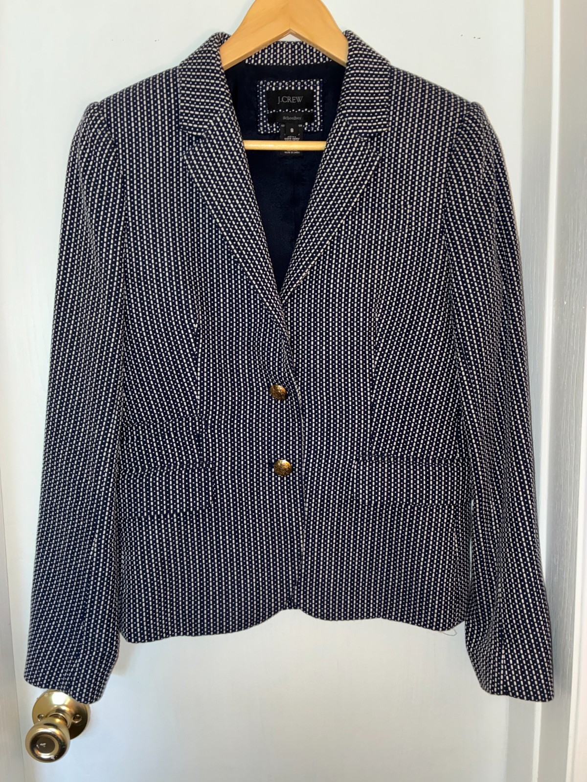 J.Crew Schoolboy Blazer Womens 8 Navy White Pattern Gold Buttons