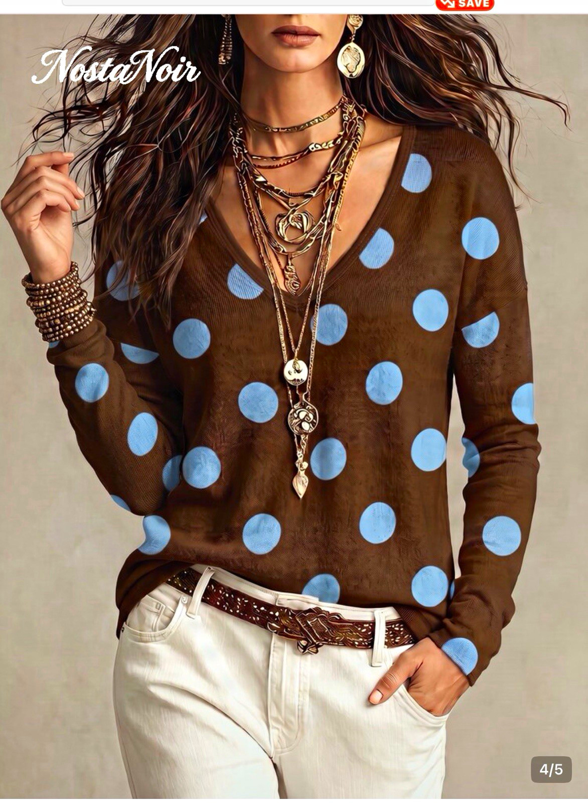 NostaNoir Women\'s Brown/Blue Polka Dot V-Neck Long Sleeve Knit Sweater