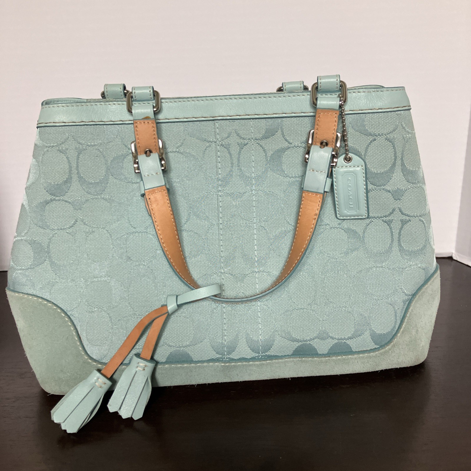 Vintage Coach Hamptons Signature Jacquard Tote Bag Mint Aqua Blue Suede Y2K 6830