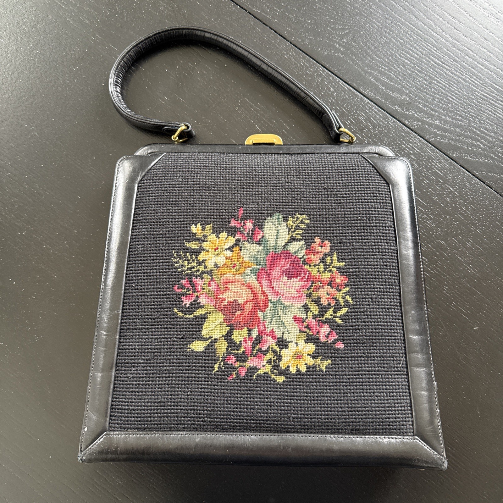 Vintage 1960s Handmade Black Leather Bag W/Floral Needlepoint with Coin pouch. 