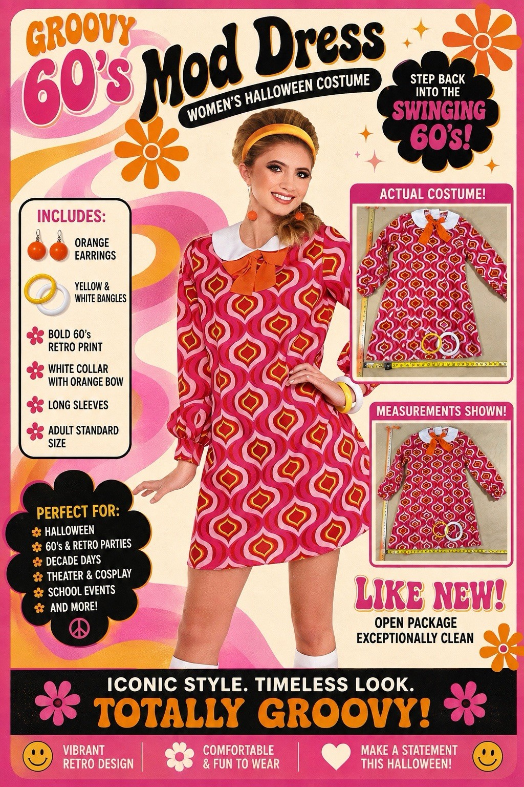 1960s Groovy Mod Dress Costume Adult Standard Pink/Orange/White Polyester