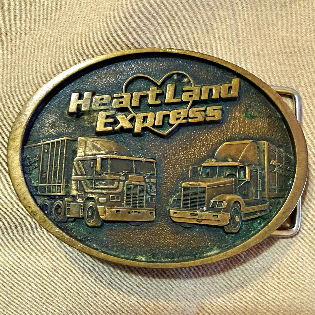 Vintage Jostens Heartland Express Oval Metal Belt Buckle GoldTone Truck Design