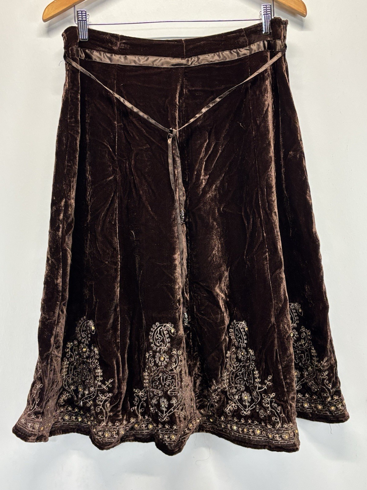 Vtg Y2K Forest Fairy Velvet Skirt Women’s 10 Chocolate Brown Embroidered Midi