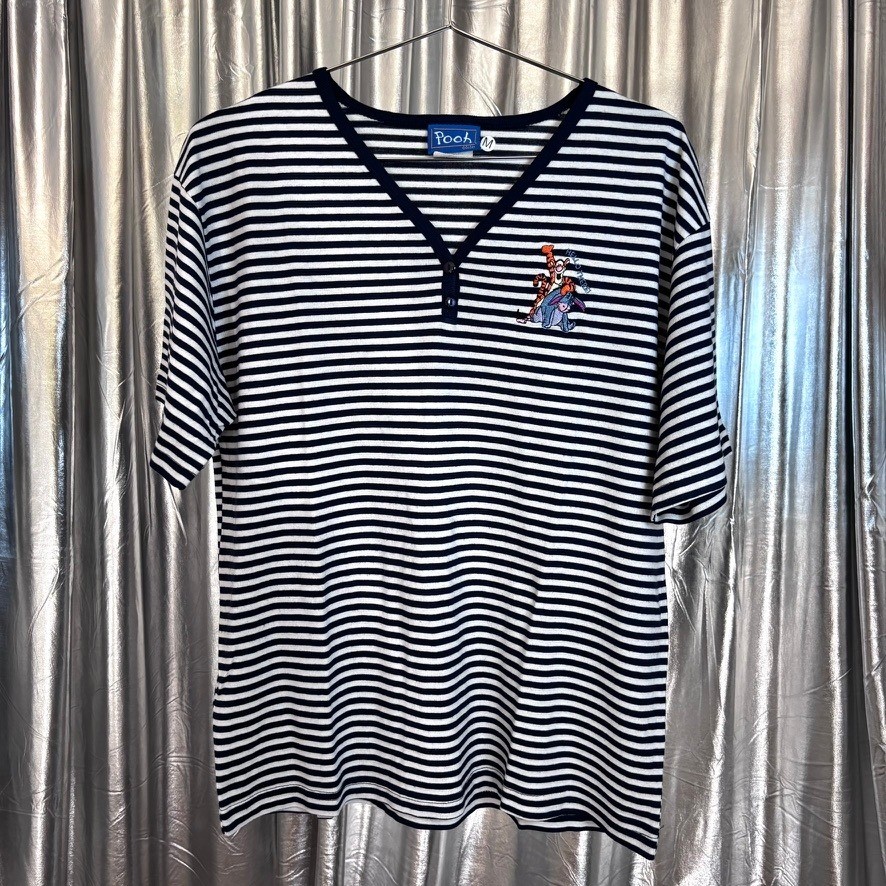Vintage Disney Pooh Navy & White Striped Tigger Eeyore Embroidered Henley Tee