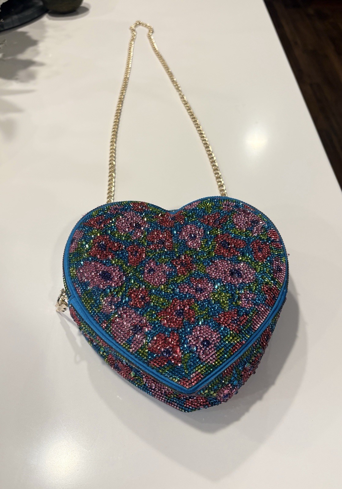 RARE Betsey Johnson Stone Heart Blue Floral & Rhinestone Purse Gold Chain