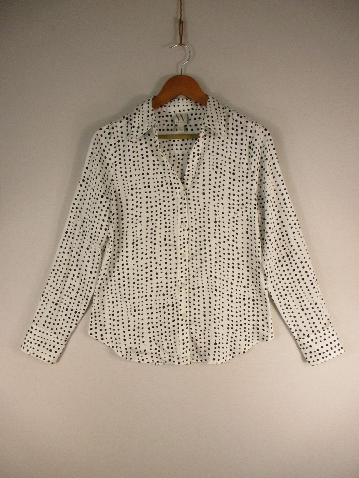 Worthington Blouse Womens M Black White Polka Dot Button Front Long Sleeve