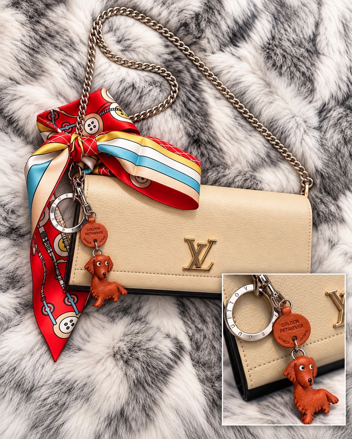 SET of Restored Louis Vuitton  Capucines Long Wallet/Clutch+Silk Scarf+BagCharm