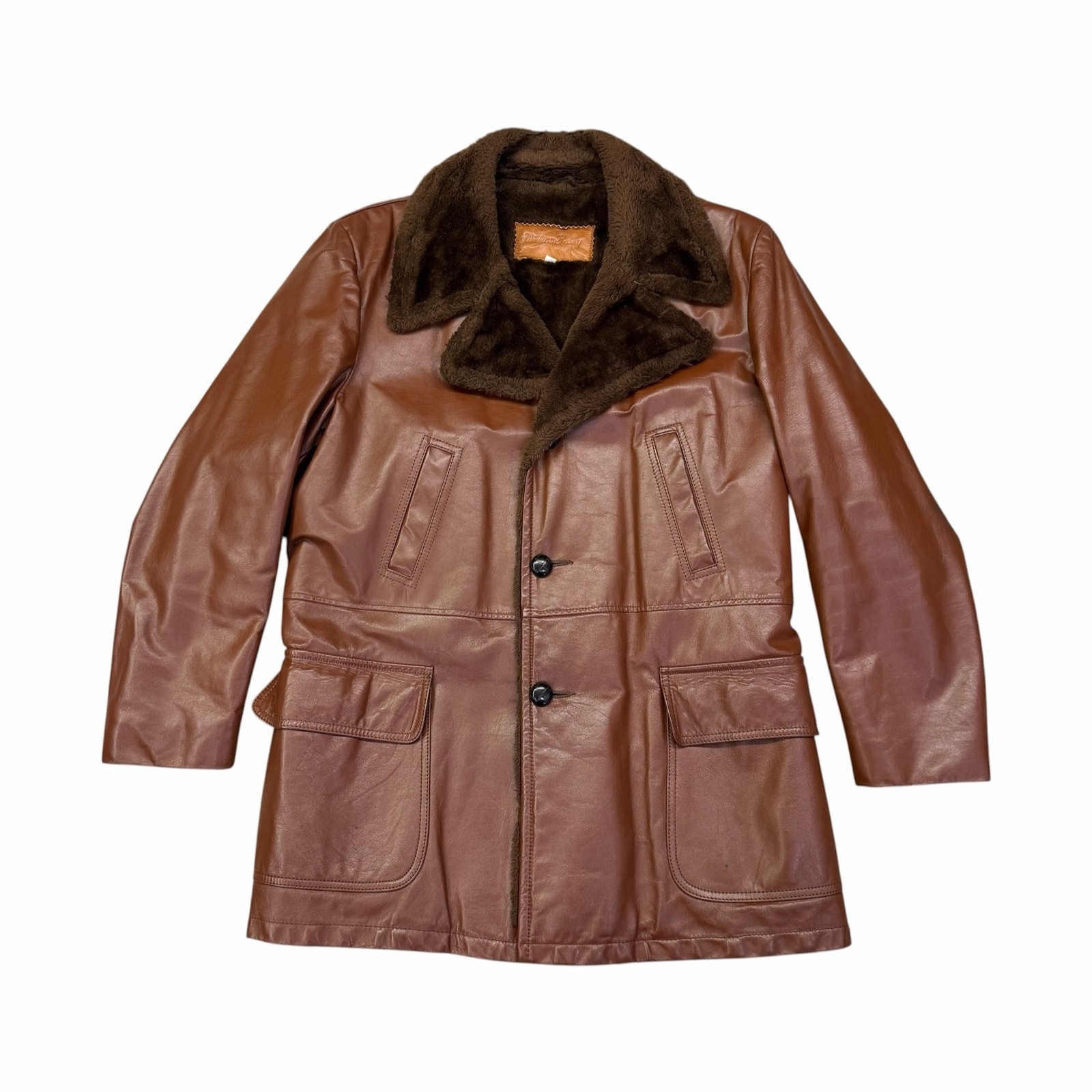 Vintage 1970s William Barry Brown Leather Coat Faux Fur Lined | Made in USA