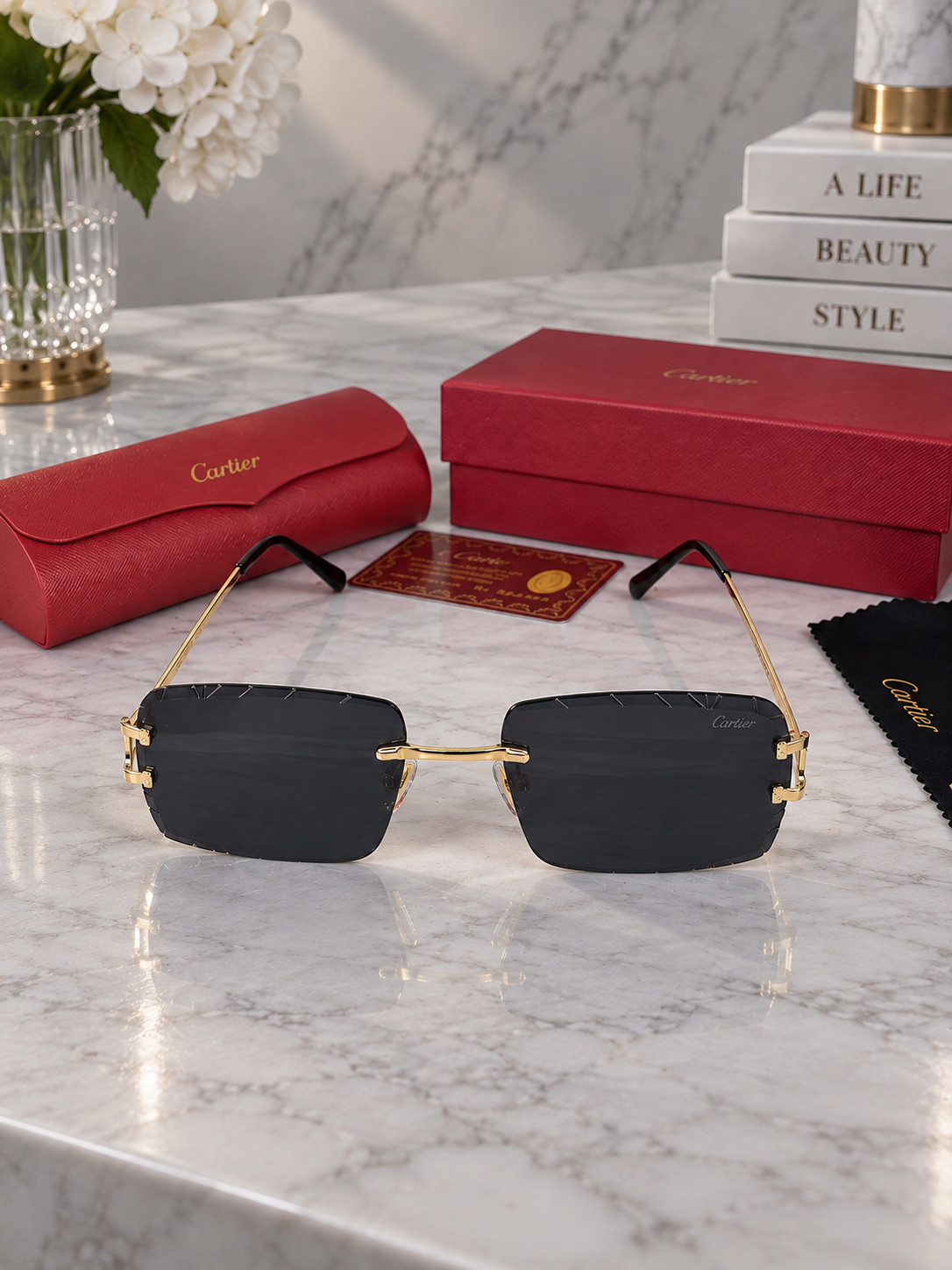 Cartier Big C Diamond Cut Black Frameless Lens Gold Frame