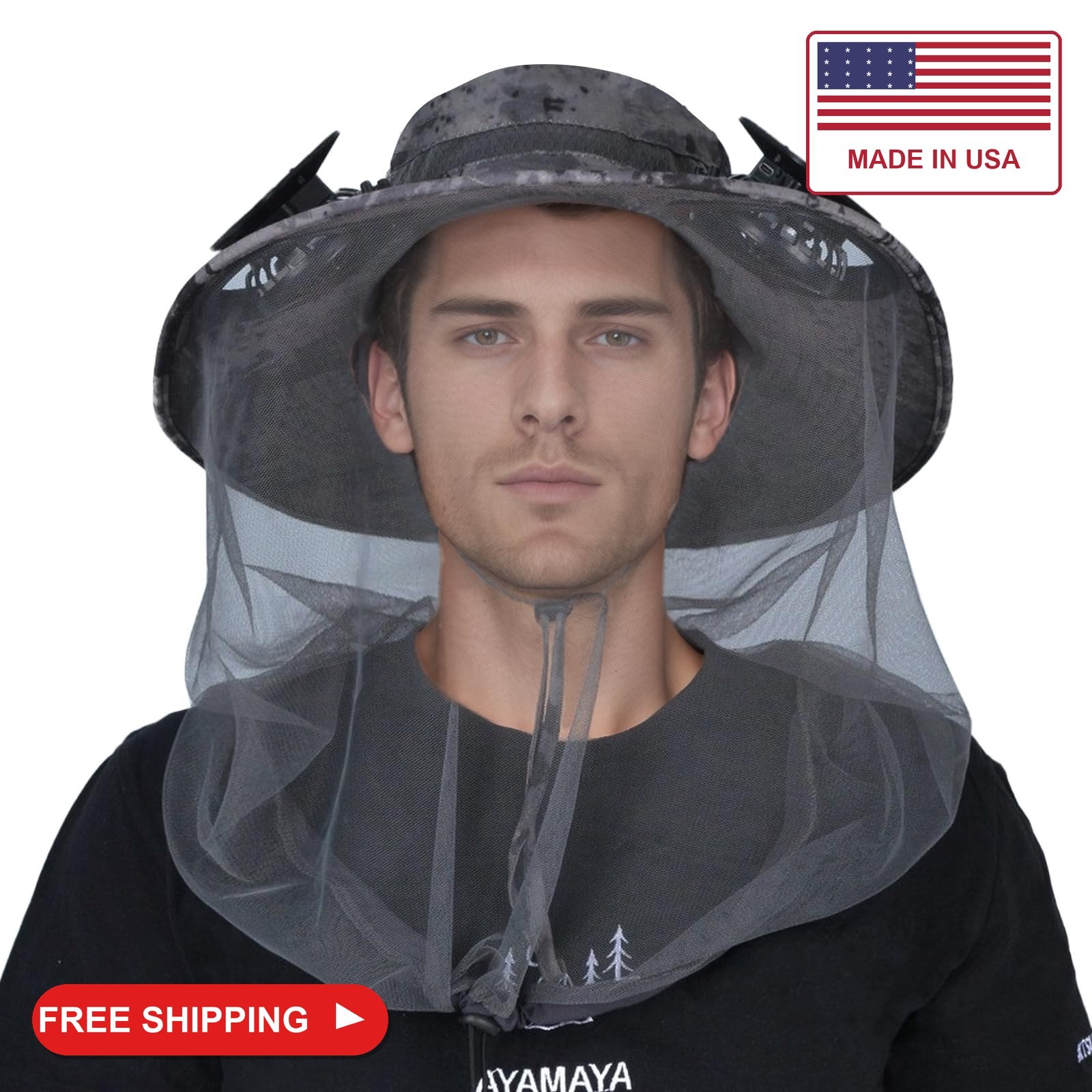 AYAMAYA Mosquito Net Hat with Fan Built-in, Wide Brim Solar Fan Hat with Netting