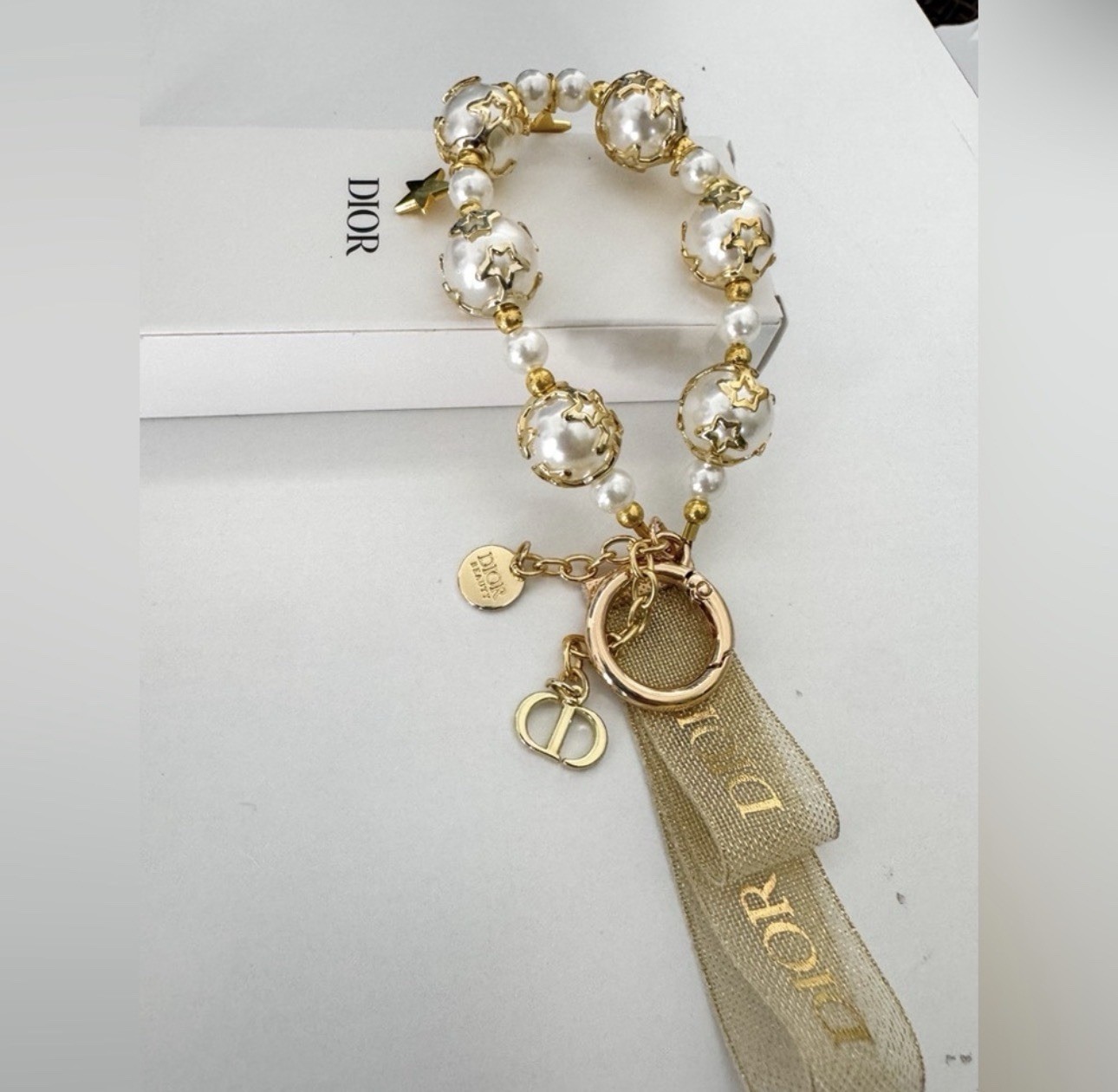 Christian Dior CD Key Ring Bag Charm VIP Stars, Pearls, & Gold Wristlet Purse